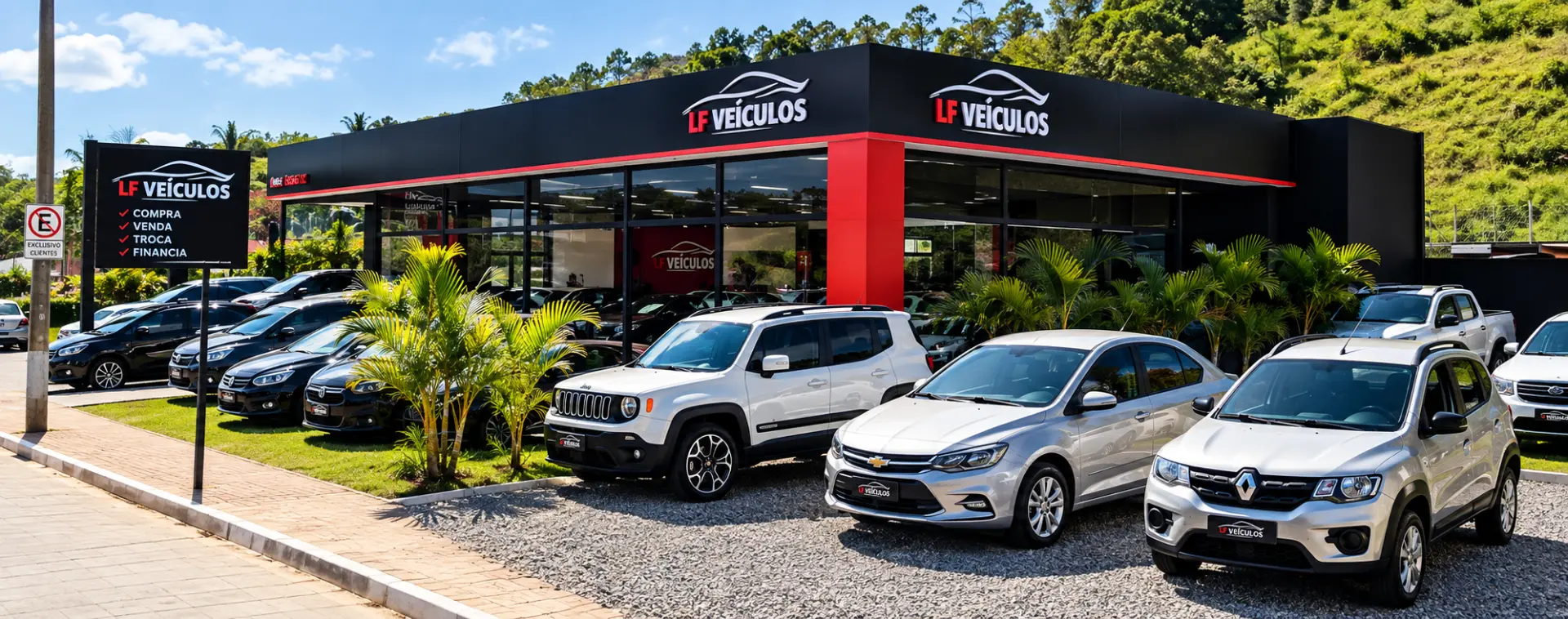 Fachada da loja LF Veículos com veículos à venda